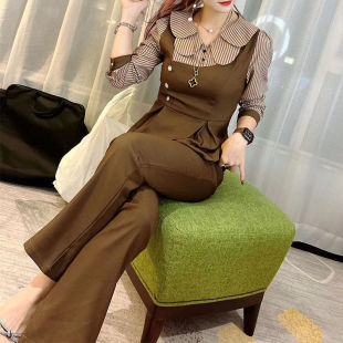 显瘦拼接条纹衬衣微喇裤 新款 女202x4春季 洋气套装 两件套 气质时尚