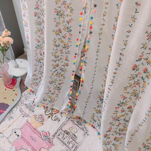 货架帘子遮挡杂物挂衣架钢制衣橱拉帘碎花小彩球花边半遮光窗帘