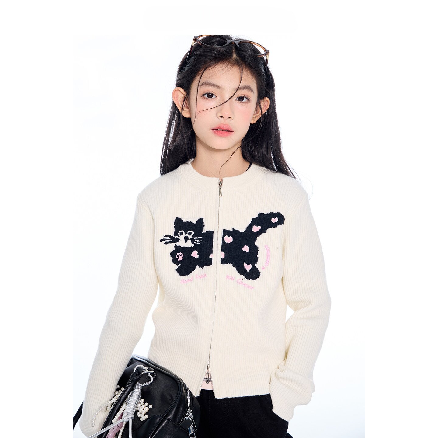 minikids女童猫咪提花拉链毛衣2026春季中大童设计感软糯亲肤上衣