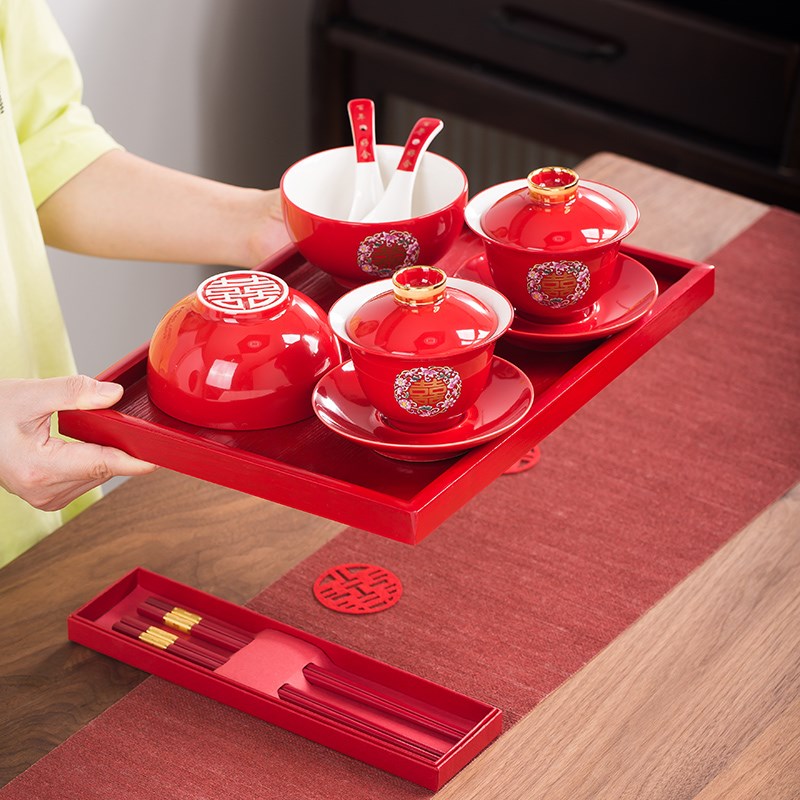 新人结婚改口敬茶杯套装婚礼红色陶瓷一对喜杯碗茶具陪嫁用品礼物