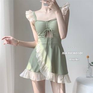 裙式 夏语微琪 小飞袖 法式 收腰显瘦甜美保守连体泳衣女 青柠甜酒