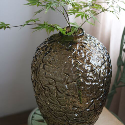 大肚玻璃花瓶渐变客厅吊钟插花鲜切落地花器摆件浮雕锤纹欧式美式