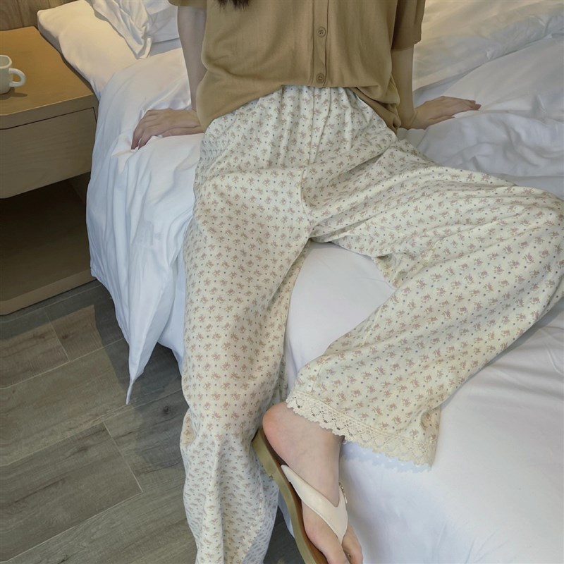 韩版显瘦蕾丝花边碎花长裤睡裤女春夏季宽松森系风慵懒显瘦遛弯裤