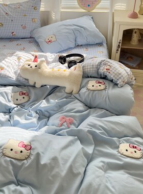 ins卡通kt猫毛巾绣被套床上四件套少女心被罩床单宿舍单人三件套4