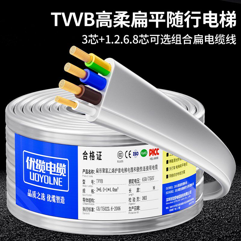 安普行车扁平电缆国标TVVB3+1268芯电动门随行R升降空调电梯电源