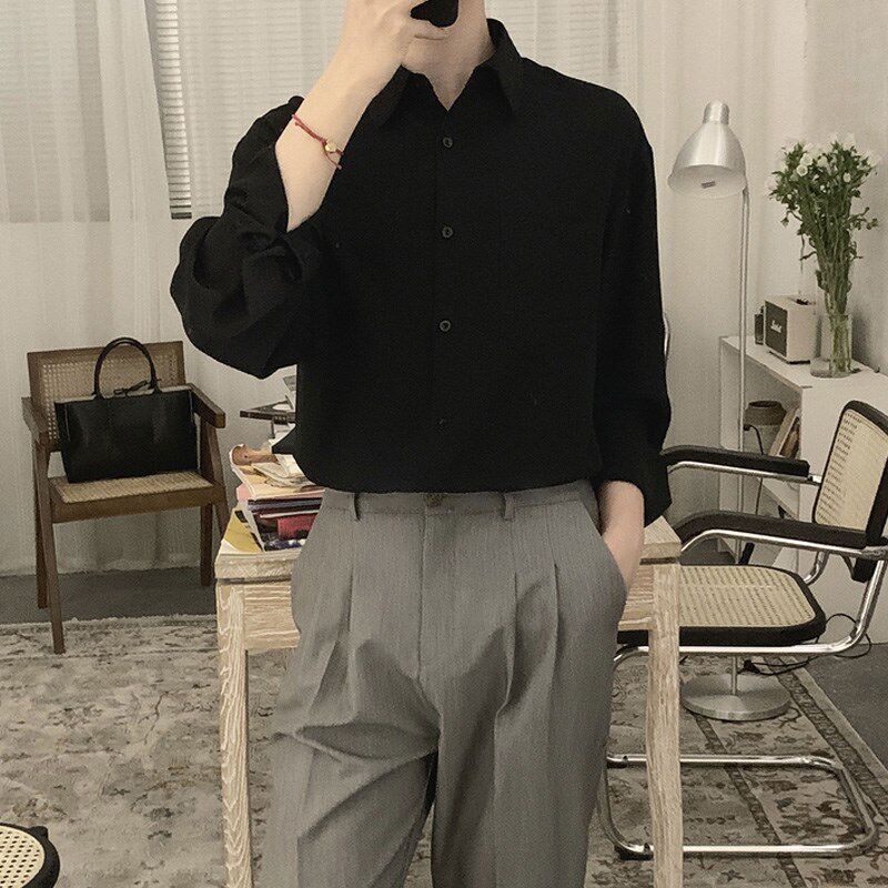 阿茶与阿古黑色垂感衬衫男韩版长袖潮流夏季O薄款丝滑宽松情侣衬
