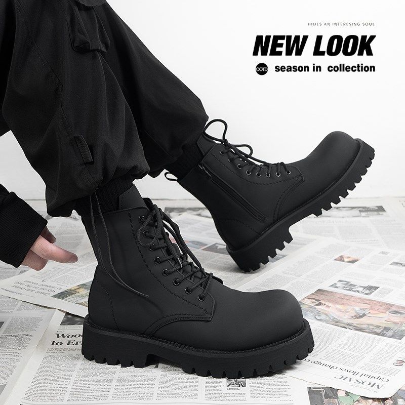 马丁靴男款厚底增高中帮皮鞋英伦皮靴子工装靴高帮男靴透气翘头靴