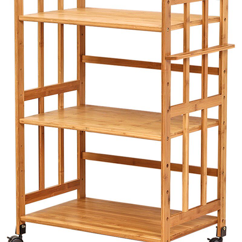 带滑轮厨房置物架烤箱微波炉架子落地多层收纳柜实木多功能可移动