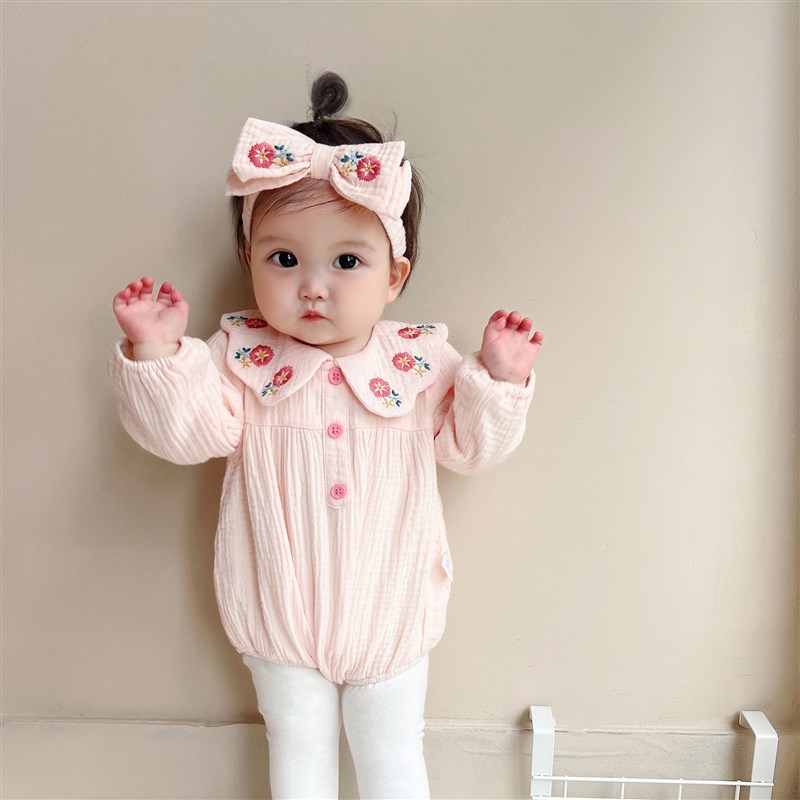 可可妈女宝宝可爱哈衣套装百天照满月粉连体衣婴儿春秋款爬服