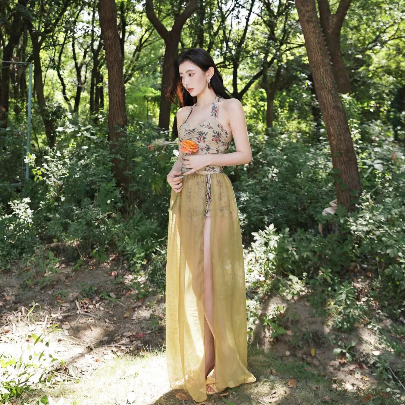 【林间月】时尚连体裙式女式泡温D泉泳衣遮肉显瘦海边度假泳装