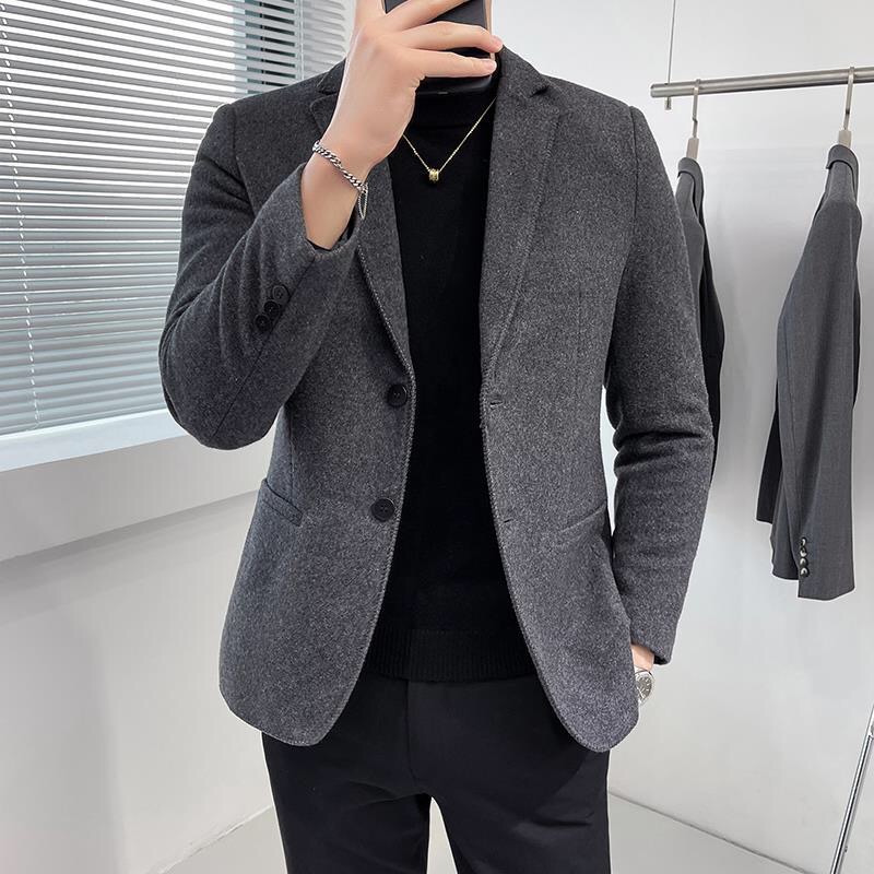 潮牌秋冬毛d呢西装男外套短款韩版高档修身休闲西服领羊毛呢大衣
