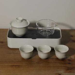 白瓷旅行功夫茶具茶盘小套办公室简易泡茶盖碗茶杯陶瓷礼品 便携式