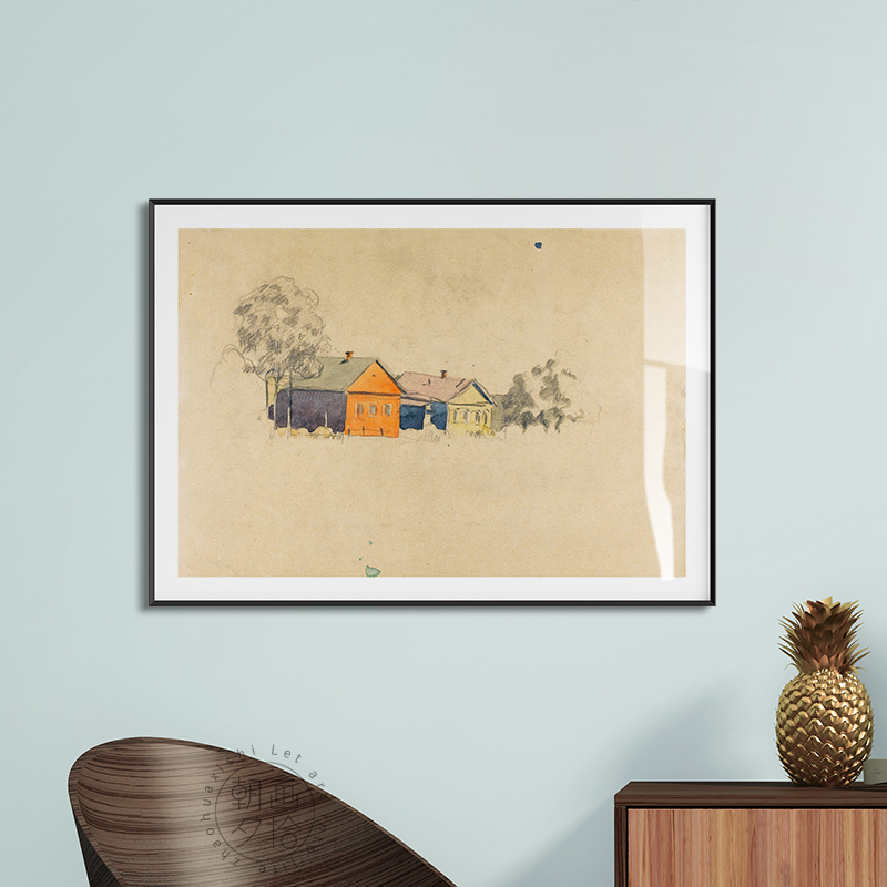 北欧简约风景建筑油画卧室床头挂复古文艺壁画抽象客厅横幅装饰画图片