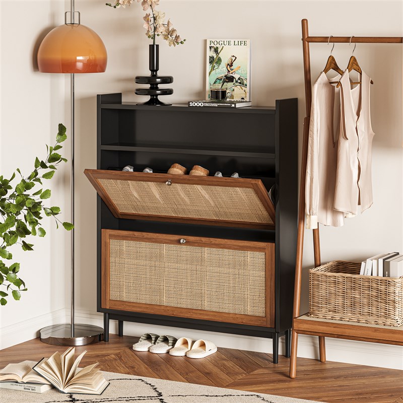谷及 日式简约实木藤编鞋柜家用门口入户储物柜窄款收纳柜鞋架