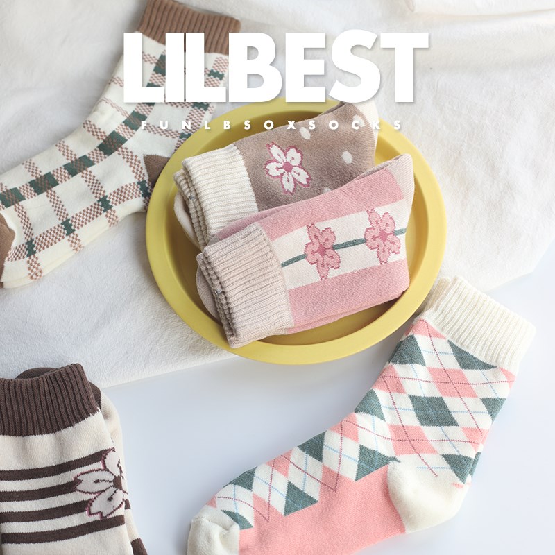 袜子女秋冬纯棉中筒袜格子小花仙女系毛圈加绒加厚保暖毛巾底长袜