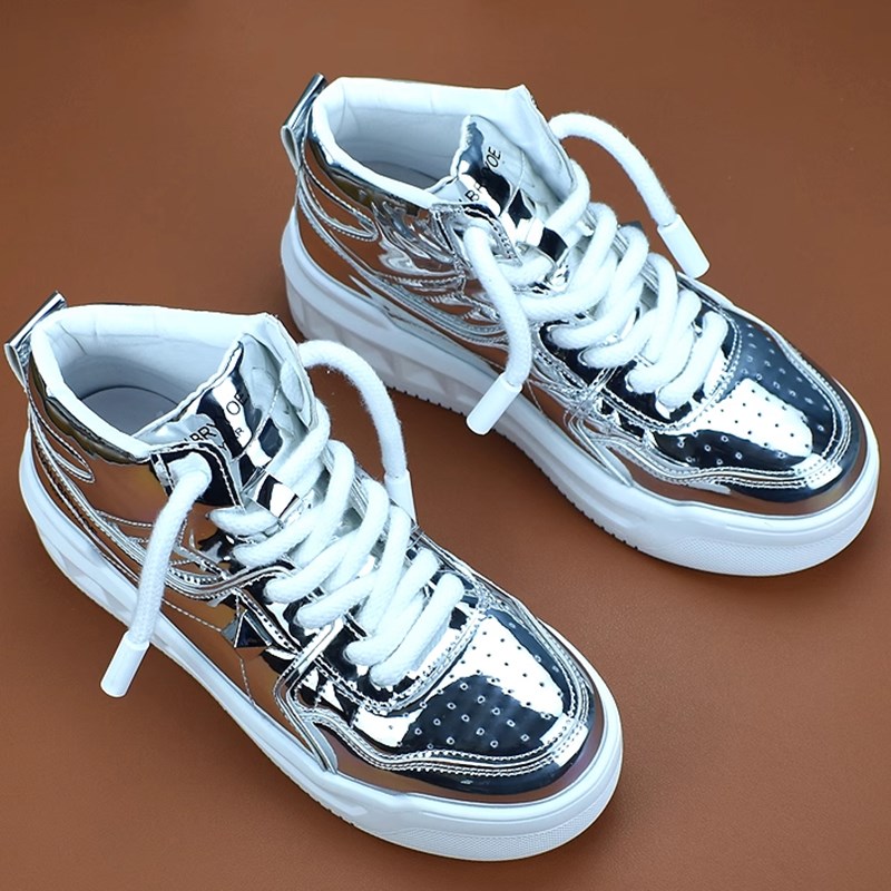 男士高帮鞋个性时尚珠光亮面金色男鞋秋冬厚底运动漆皮休闲板鞋潮