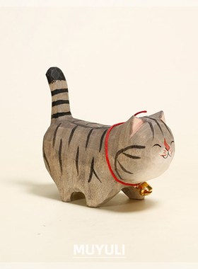 木雕木头狸花猫咪桌面摆件可爱女情侣一对新年装饰小猫手工礼物