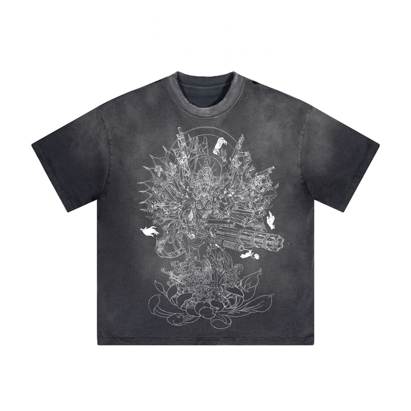 神识麒骥*枪口簪花 加特林菩萨 喷马骝做旧染色破洞款 大重工T恤