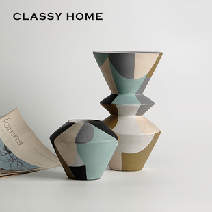 侘寂风纯手工陶艺抽象彩绘花器果盘 现代艺术花瓶摆件 民宿样板房