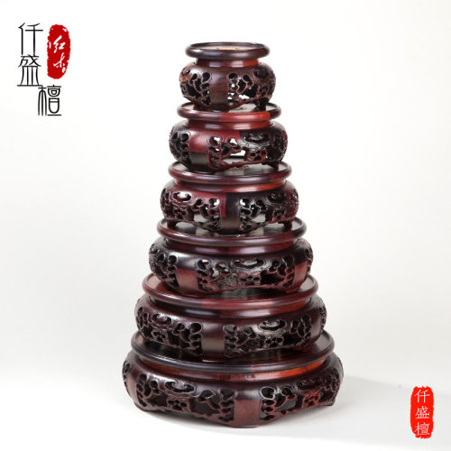红酸枝实木底座可旋转镂空雕花紫砂壶花瓶工艺品木质红木底座