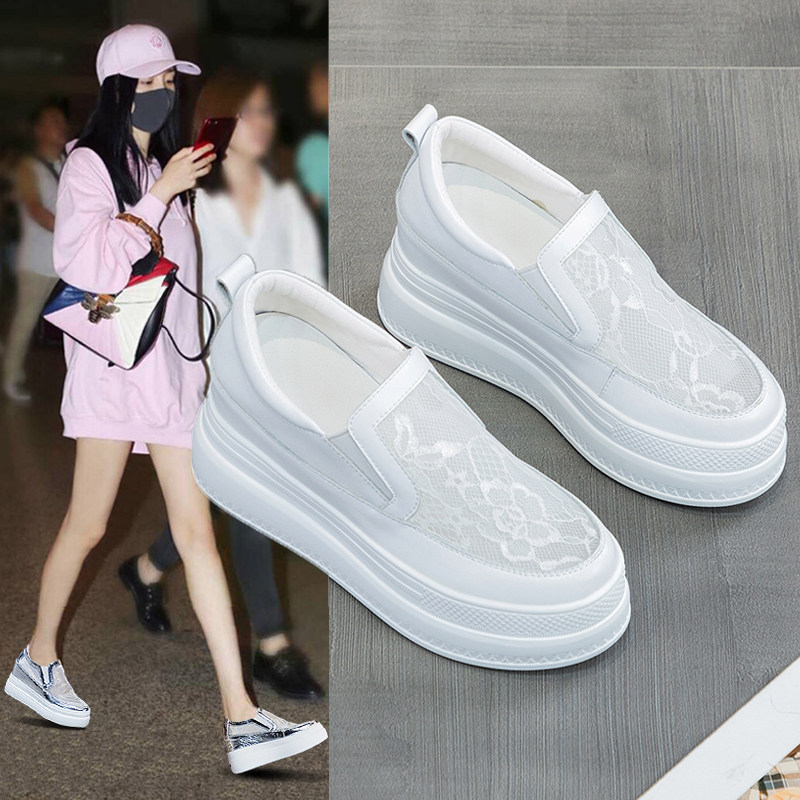 银色乐福鞋女透气网m面内增高女鞋薄款厚底一脚蹬懒人鞋夏季小白