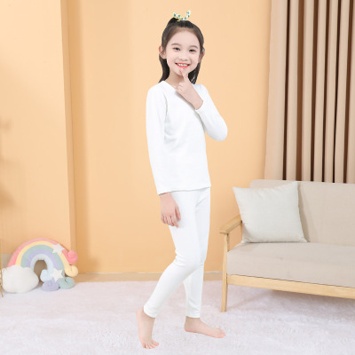 男童女童秋冬装纯棉内衣套组白色儿童打底秋衣卫生裤中大童加绒加