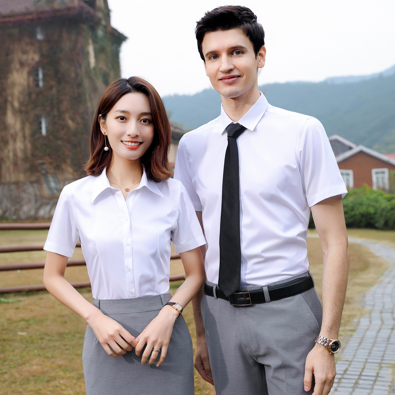 职业衬衫男女短袖酒店工作服高端免烫工装弹力衬衣女士定制绣logo