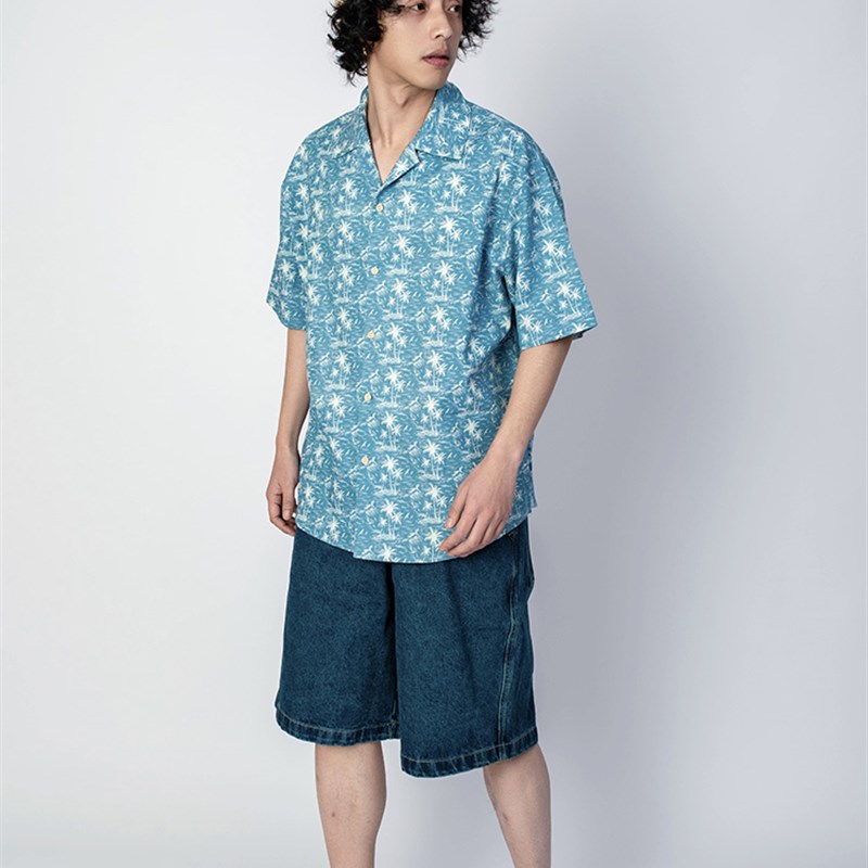 出差夏威夷23ss蔚蓝椰林短袖衬衫纯棉夏季度假海边衬衫男女复古
