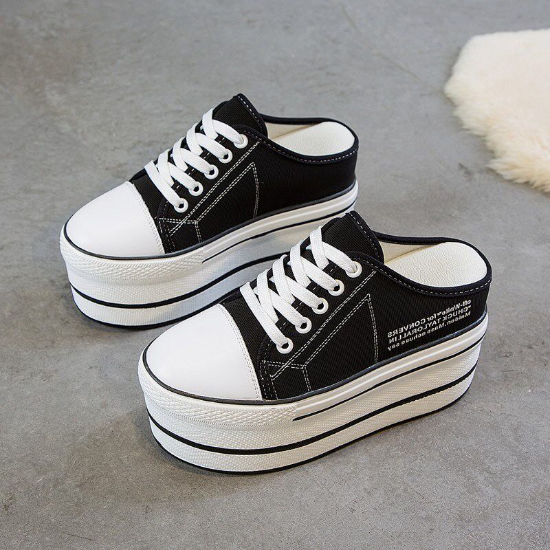 包头无后跟懒人鞋女增高10cm松糕一脚蹬外穿内增高半拖厚底帆布鞋