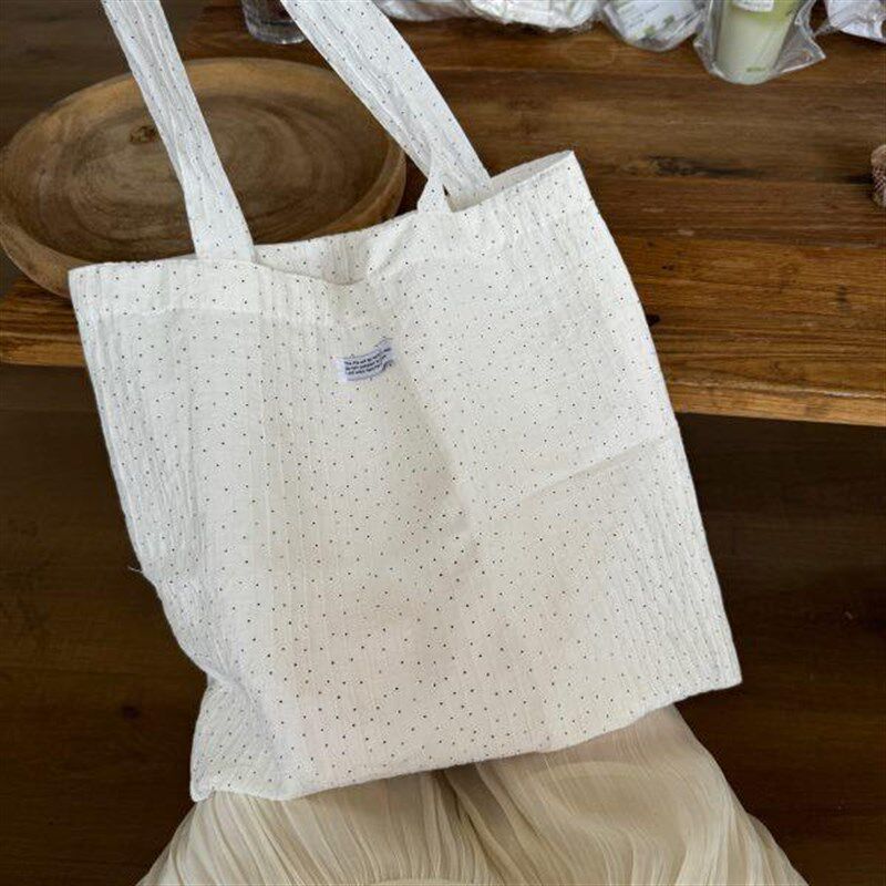 韩系ins博主款 波点帆布包单肩包慵懒风褶皱肌理感白色帆布袋包包
