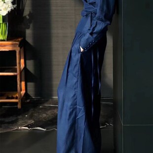 高级感时尚衬衫套装2025春秋藏蓝色亚麻中式盘扣衬衣阔腿裤两件套