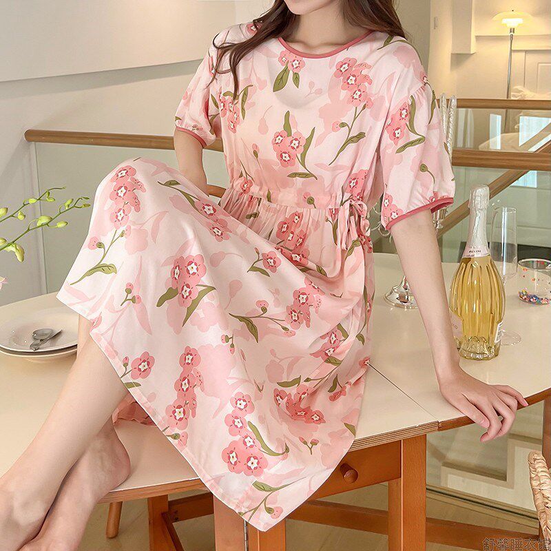 妈妈睡裙女纯棉绵绸睡q衣女夏季可外穿家居服可收腰松紧显瘦连衣