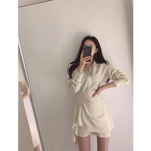 三小姐的咖啡网红套装裙2025款女神范秋季两件套显瘦条纹衬衫套装