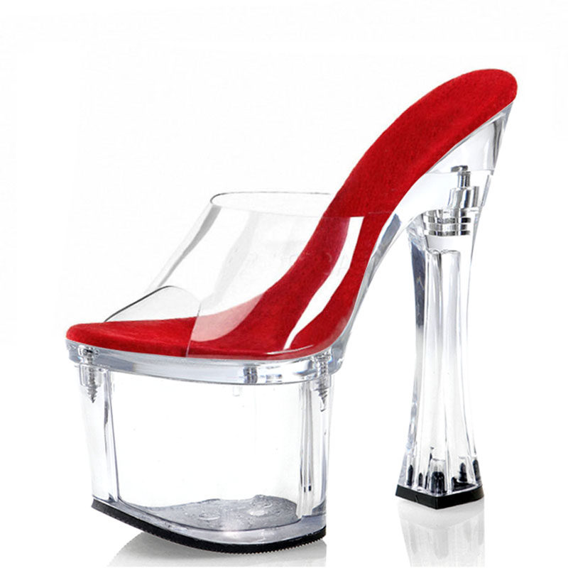 模特厚底一体跟水晶粗跟凉拖鞋鞋18cm超高跟鞋酒杯跟防水台女恨天