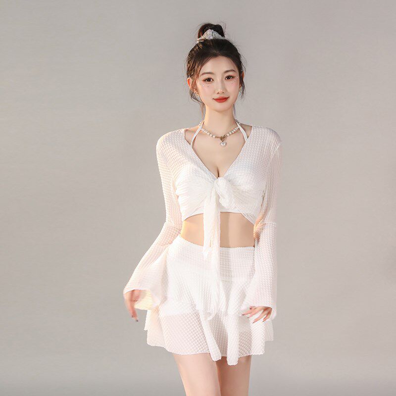 泳衣女小个子女款泡温泉遮肉分体三件套白色2024新款爆款海边度假