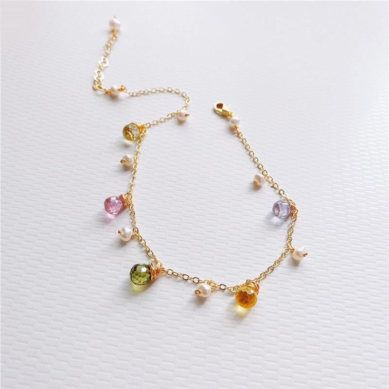 日韩夏季森系手镯天然珍珠彩色水晶锆石手I链镀14K金色手环首饰品