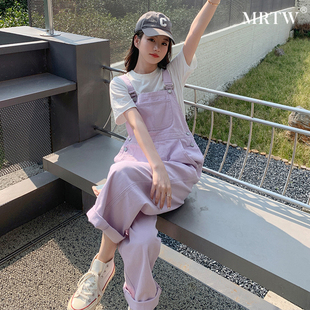 2024夏季新款奶甜系韩版时尚小个子宽松减龄紫色薄款工装背带裤女