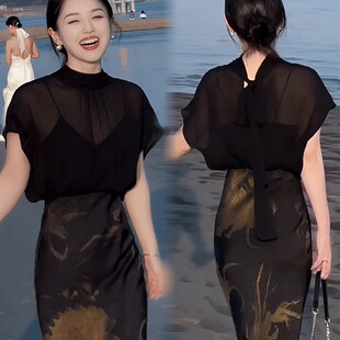 黑色薄纱无袖f雪纺衬衫女夏款2024新款时尚气质薄款外搭罩衫上女