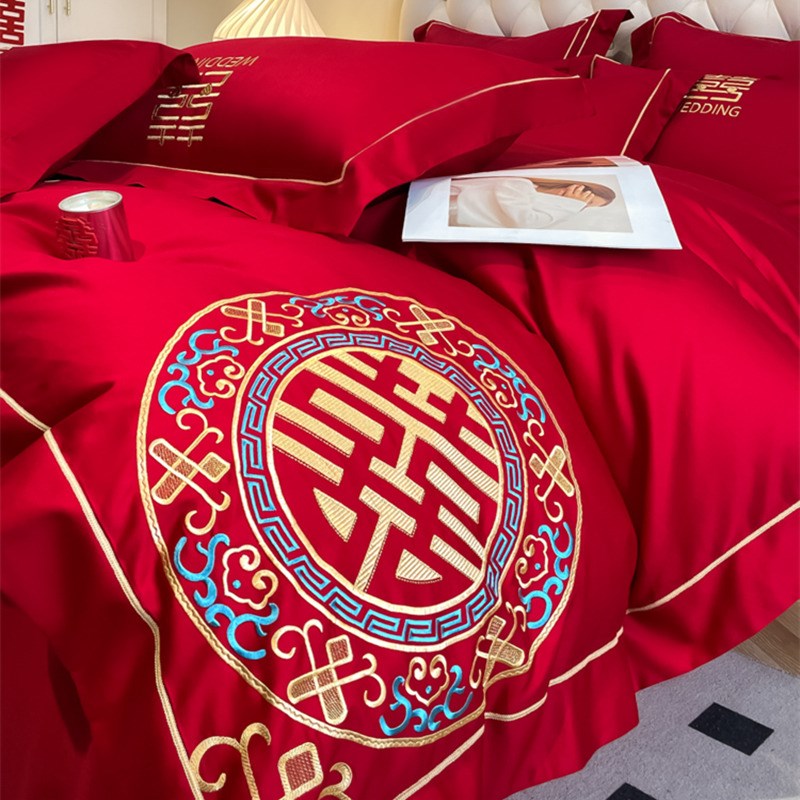 高级感陪嫁结婚床上四件套婚庆红色纯棉全棉被套简约婚房喜被用品