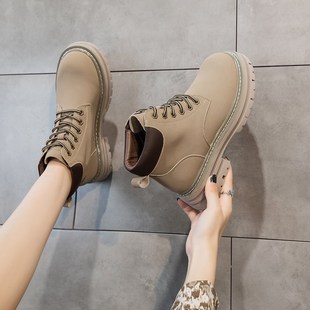 黄色 女靴子薄款 街拍厚底马丁靴女单靴中跟短靴女粗跟2024秋季 新款