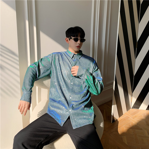 2020秋季ins丝光亮面个性宽松衬衣男女潮韩版偏光闪亮舞台装衬衫