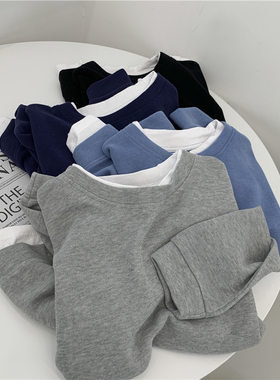 豆绿色米妮绒清新假两件薄款圆领套头厚棉T女秋季宽松休闲叠穿上