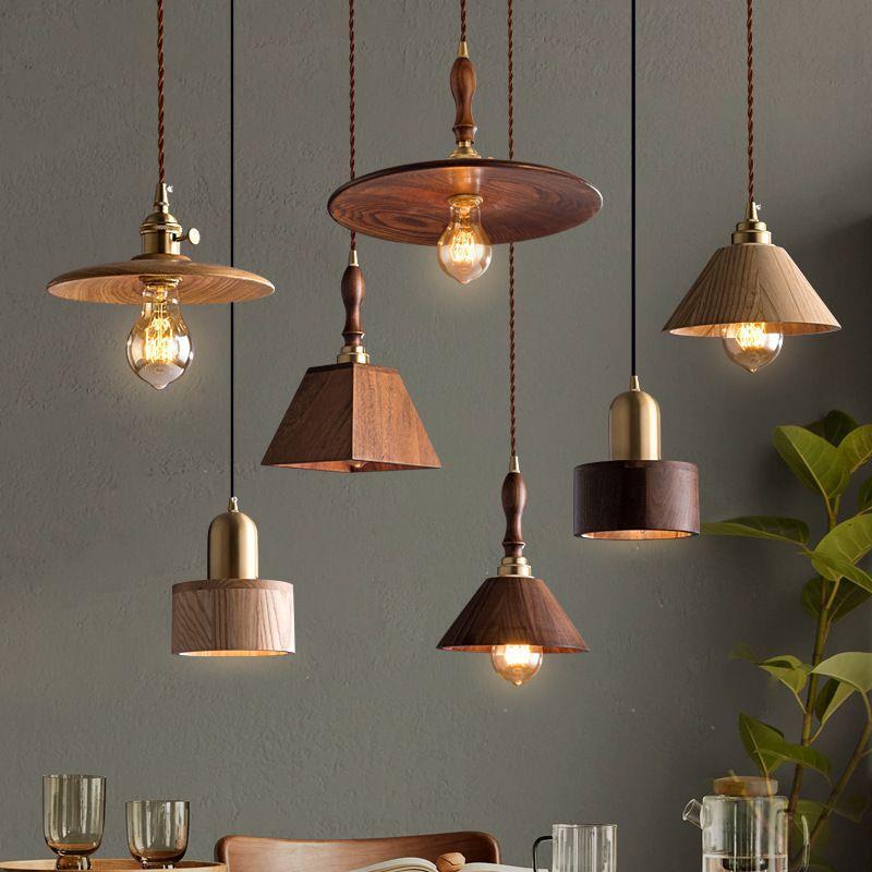 日式餐厅实木吊灯吧台餐厅ins复古黄铜卧室吊灯胡桃木床头小吊灯