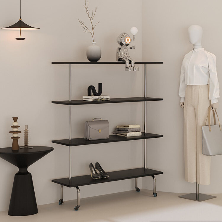 鞋子包包多层展示架服装店黑色货架橱窗陈列架移动带轮包包置物架