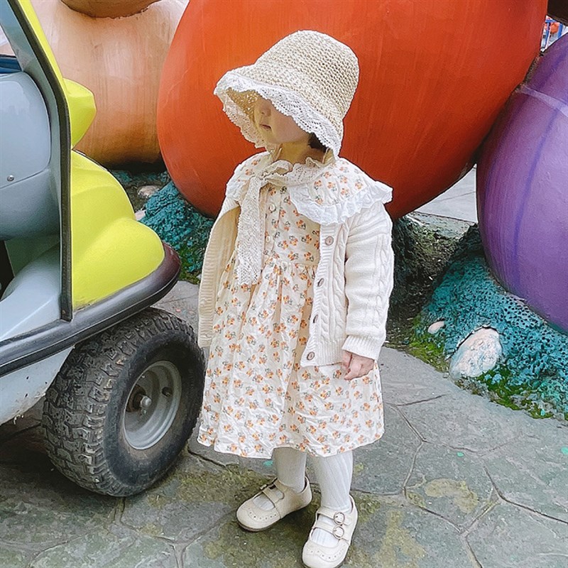 儿童草帽夏季女宝宝宫廷公主帽子蕾丝遮阳帽大檐母女帽亲子渔夫帽