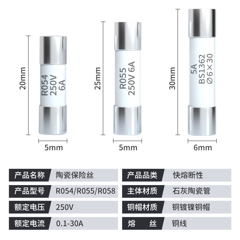 陶瓷保险丝管 熔断器熔芯 RO55 R055 525mm 1A2A3A4A6A 250V