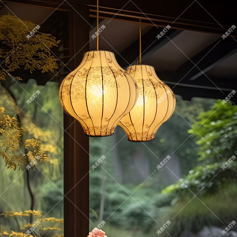 中古餐厅吊灯禅意复古茶室灯侘寂风竹子花纹客厅卧室布艺灯笼灯,家装灯饰光源,餐厅吊灯,淘宝优惠券,粉丝福利购,淘宝优惠卷