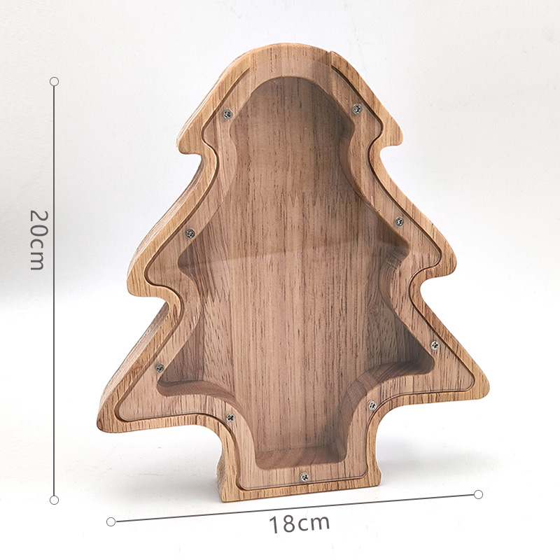 木质存钱罐钱箱存銭罐储钱罐摆件卡通透明礼品圣诞节圣诞树压岁钱