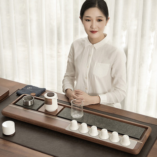 实木茶盘家用乌金石日式 整块茶海功夫茶具简约大号排水式 茶台套装