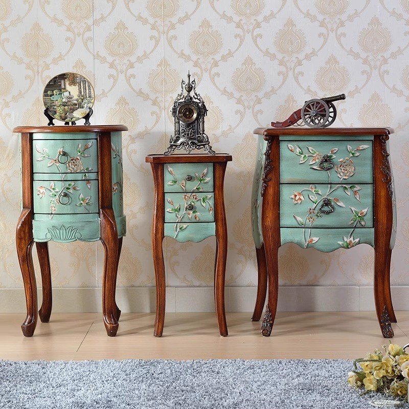 美式乡村实木沙发边几角几复古彩绘客厅小圆桌茶几小户型床头斗柜